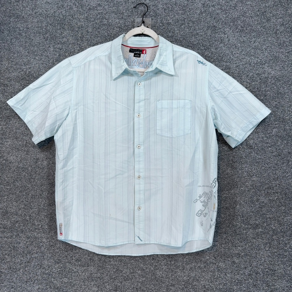 Quiksilver Y2K Shirt Mens Large Blue Striped Graphic Short Sleeve Button Up Surf